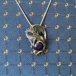 Silver Dragon with  real amethyst ball ,with chain  22” included.